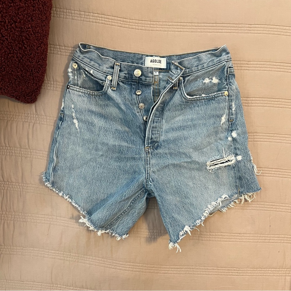 Agolde Light Blue Distressed High-Rise Denim Cutoff Shorts Button Fly